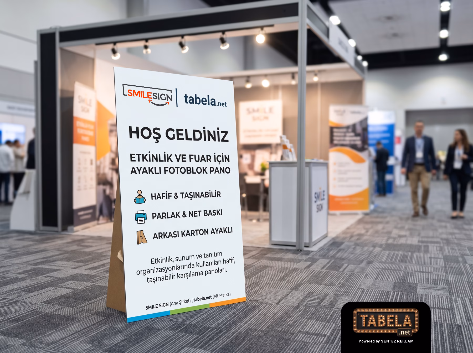 Fuar ve magaza girisleri icin ozel uretim arkasi karton ayakli fotoblok poster panosu