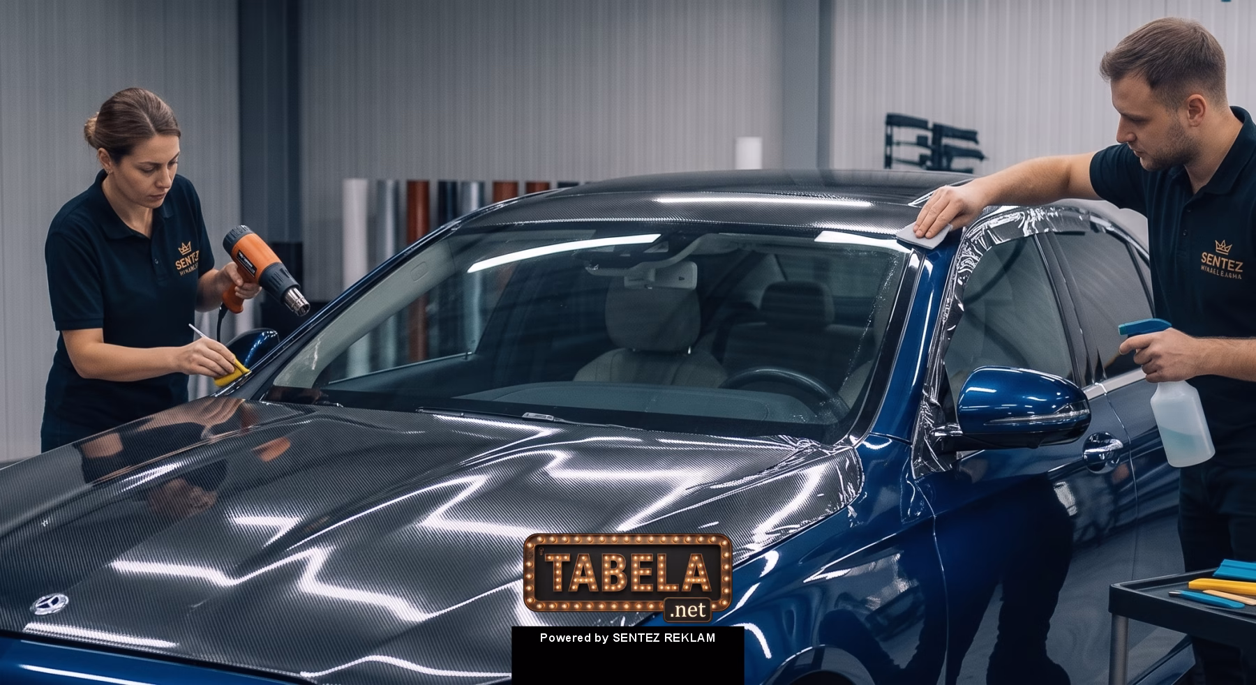 Sentez Reklam atölyesinde mavi araca uygulanan karbon fiber kaput kaplama, tavan folyo uygulaması ve bölgesel araç kaplama detayı.