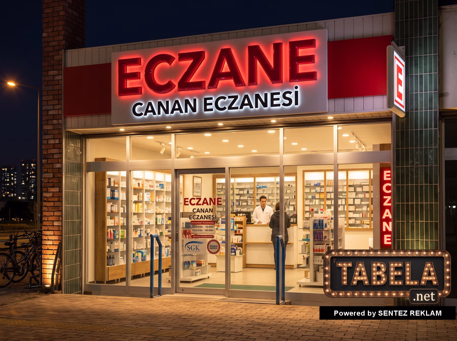 Kırmızı pleksi kabartma harfli ve homojen LED aydınlatmalı yönetmeliğe uygun eczane tabelası gece görünümü.