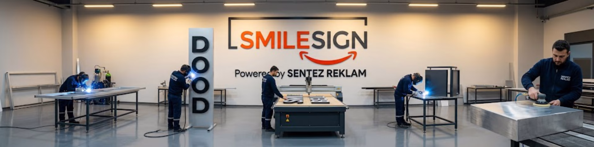 Sentez Reklam tabela imalat fabrikasında alüminyum kutu harf kesim, TIG kaynak, totem tabela üretimi ve zımpara yapan ustalar.
