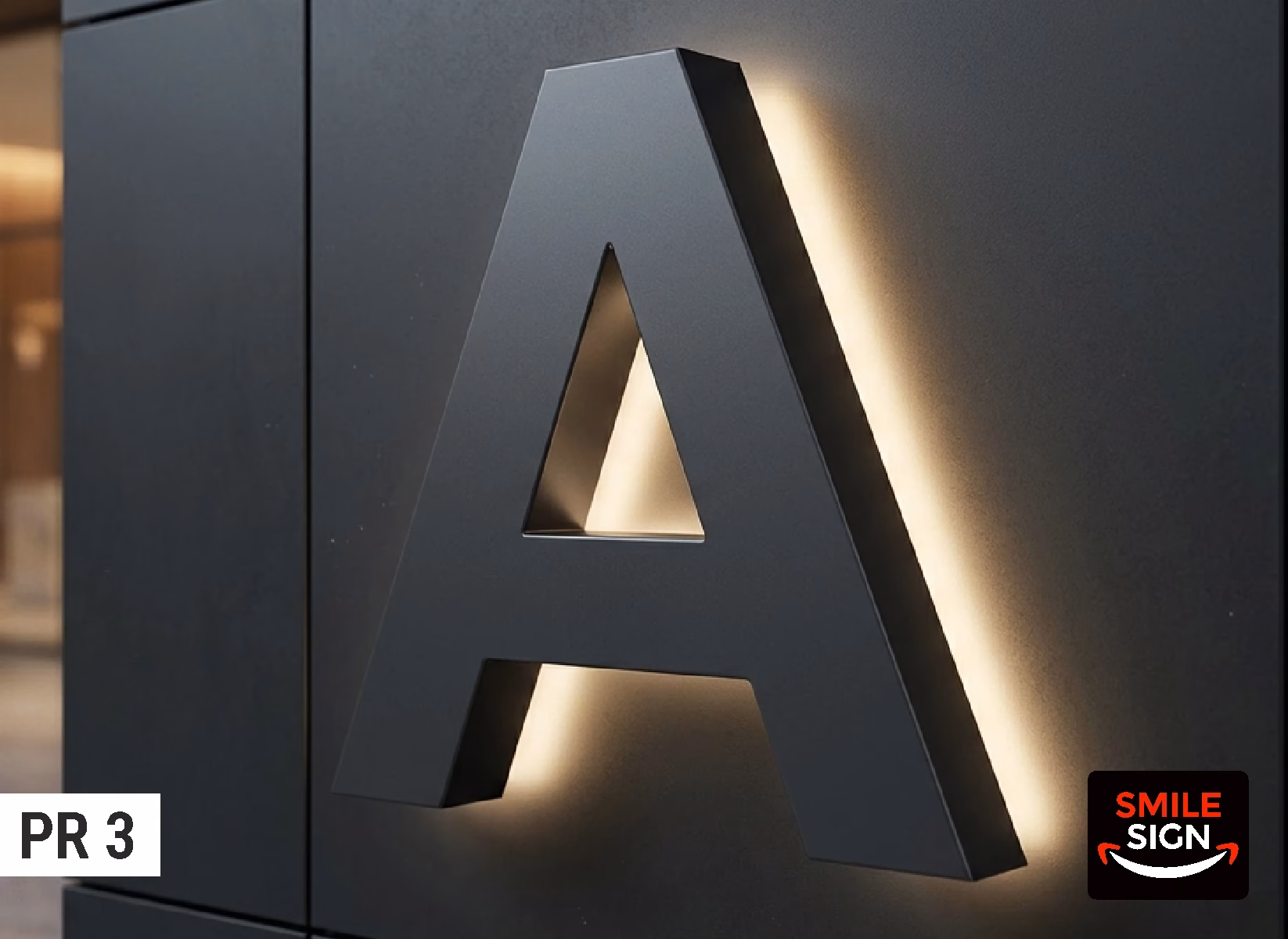 Sentez Reklam atölyesinde üretilen PR3 model arkadan aydınlatmalı (halo-lit) ters ışıklı paslanmaz kutu harf tabela uygulaması.