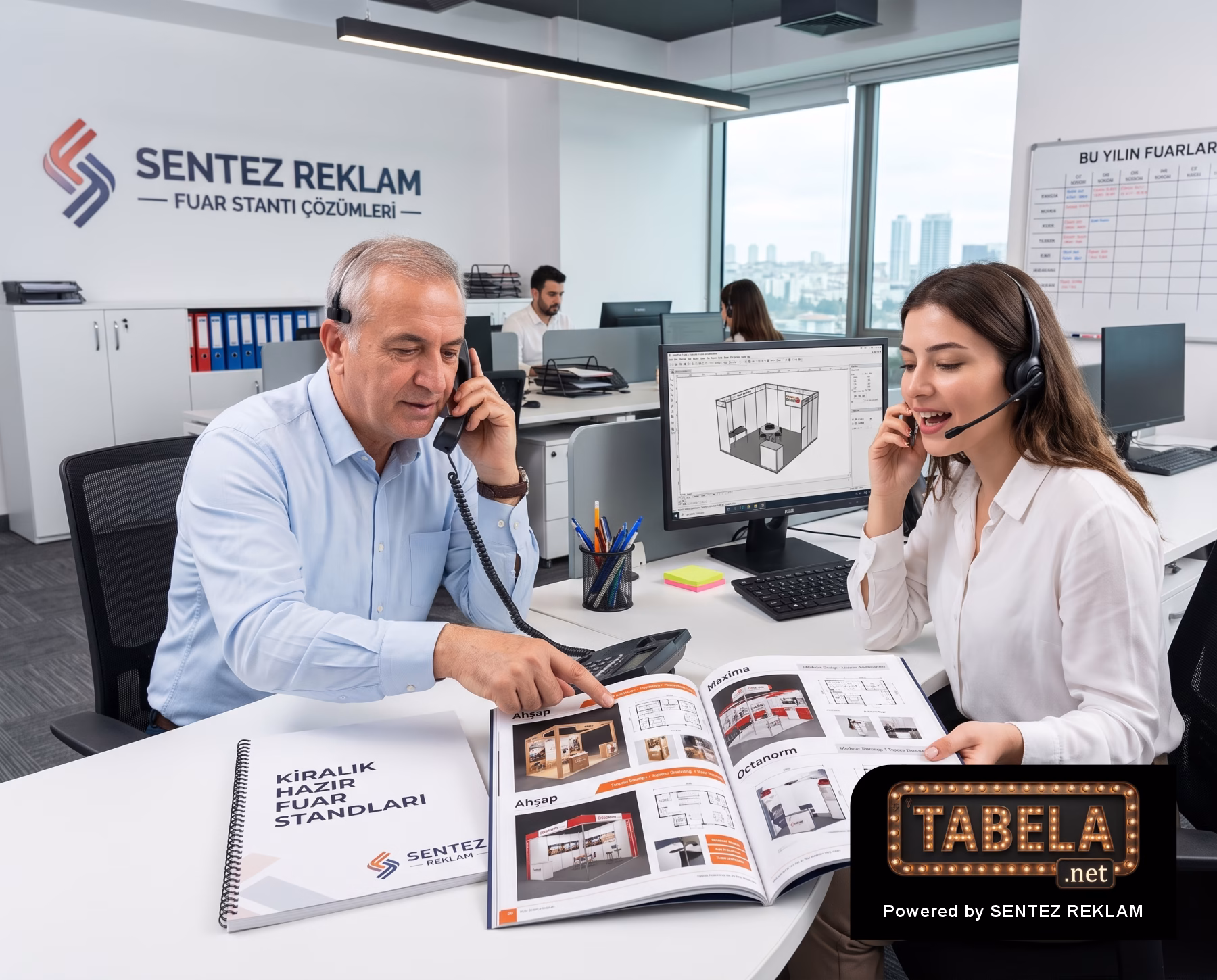 Sentez Reklam proje yöneticileri, kiralık hazır fuar standı kataloğu üzerinden müşterilere 3D mimari tasarım ve bütçe planlama danışmanlığı veriyor.