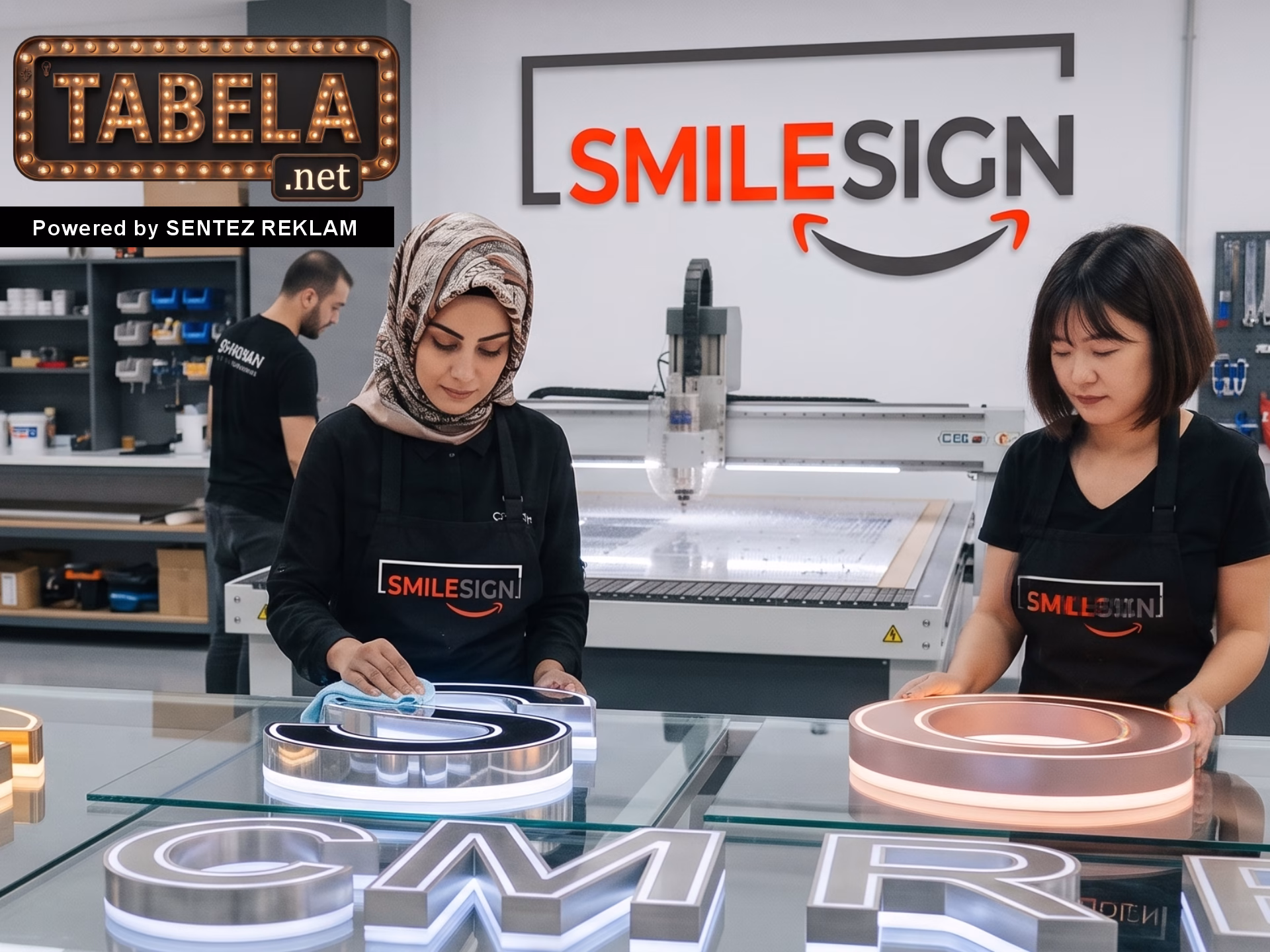 Sentez Reklam atölyesinde imal edilen ışıklı paslanmaz krom, gold krom ve fileli kutu harf tabela örneği