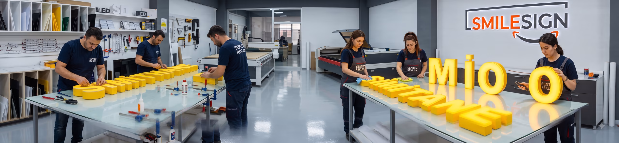 Sentez Reklam fabrikasında epoksi zeminli atölyede pleksi kutu harf return yapıştırma ve ışık kontrolü yapan ustalar. SMILE SIGN logosu duvarda. 2560x600