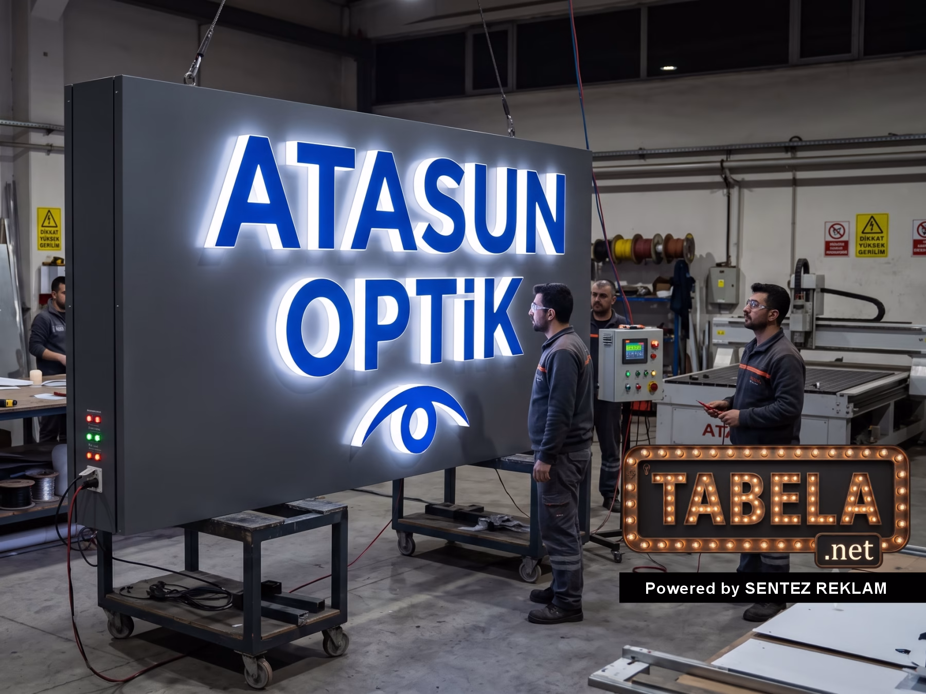 Atölyede ışık testleri yapılan Atasun Optik alüminyum kasa dış mekan LED tabela üretimi