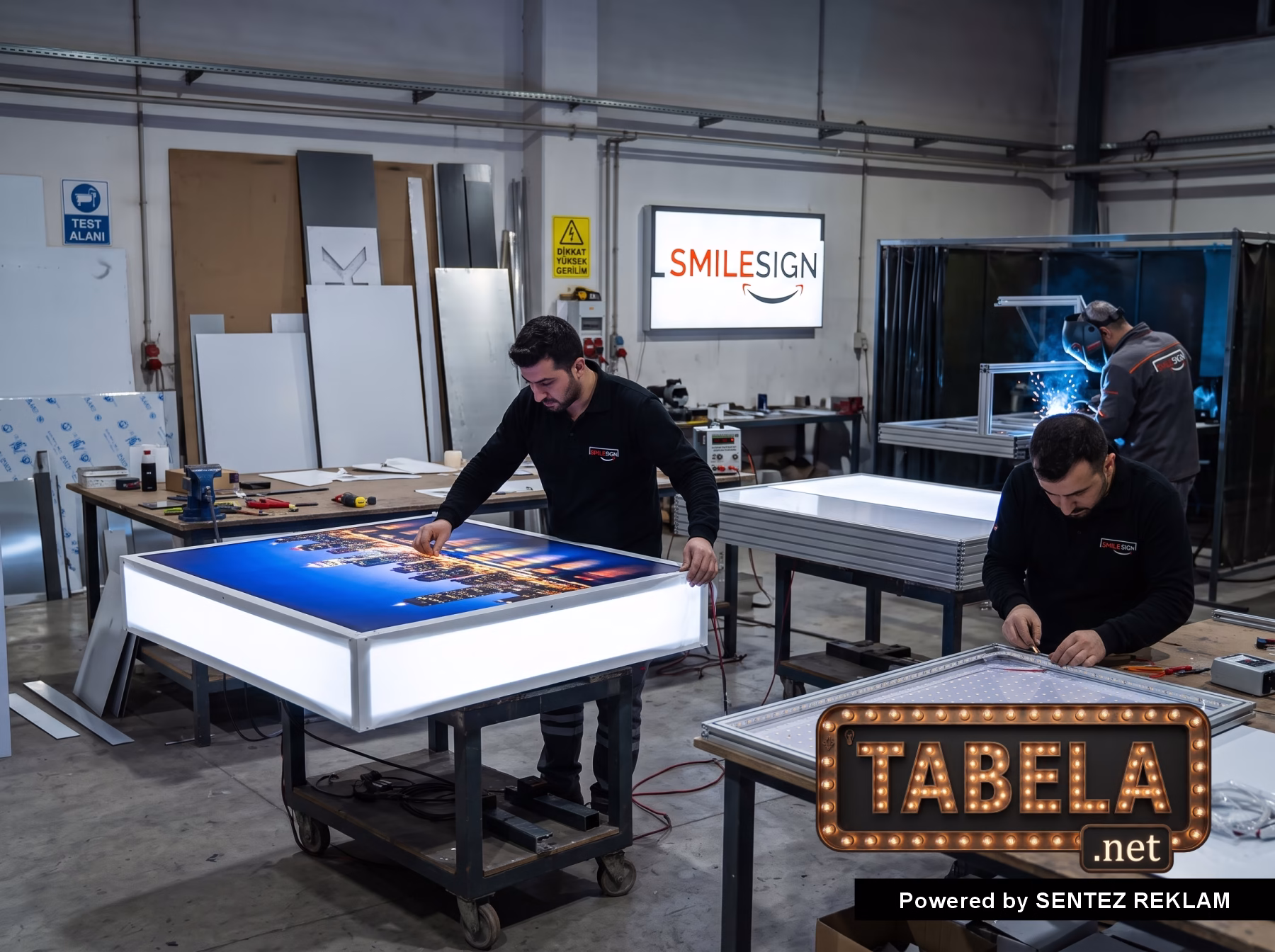 SMILE SIGN atölyesinde aydınlatmalı tekstil lightbox montajı ve alüminyum çerçeve LED pano imalatı